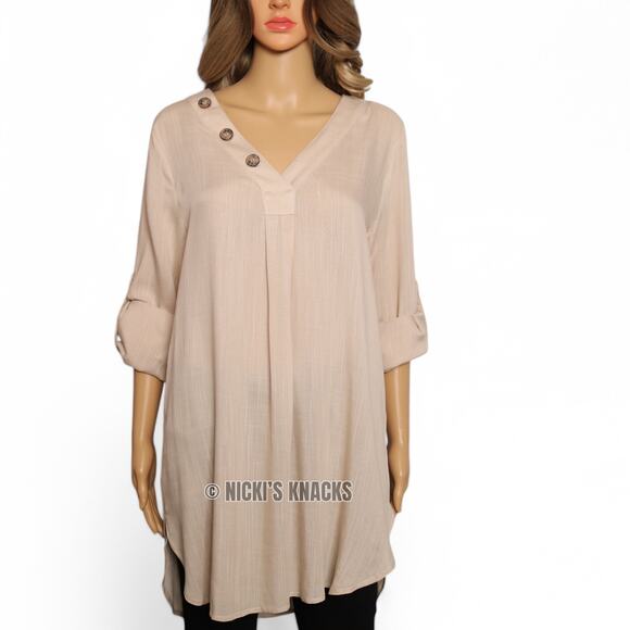Blu Heaven Tan V-Neck Tunic Top Roll Cuff Sleeves Lightweight Neutral Size M - Picture 2 of 9